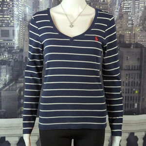 Polo Ralph Lauren sz M Striped V-Neck 100% Cotton Top with Red Polo Logo